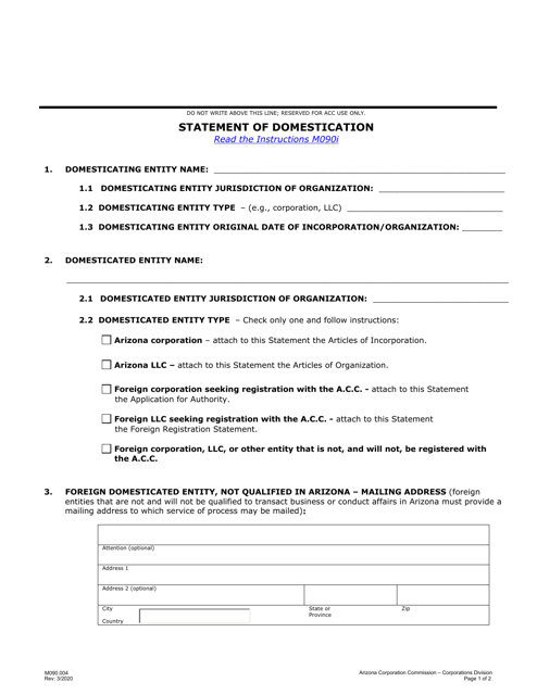 Form M090.004 Statement of Domestication - Arizona
