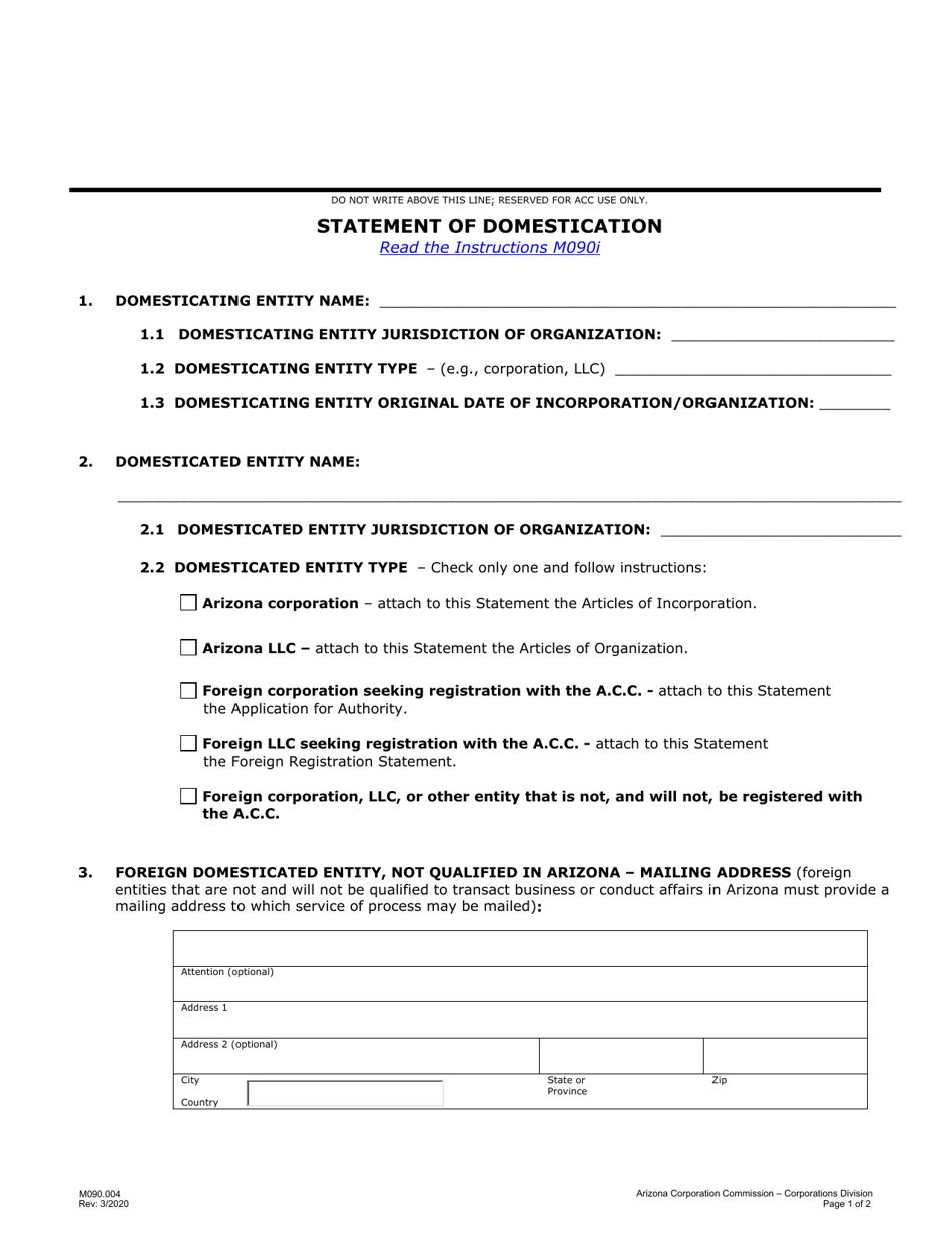 Form M090.004 Statement of Domestication - Arizona, Page 1