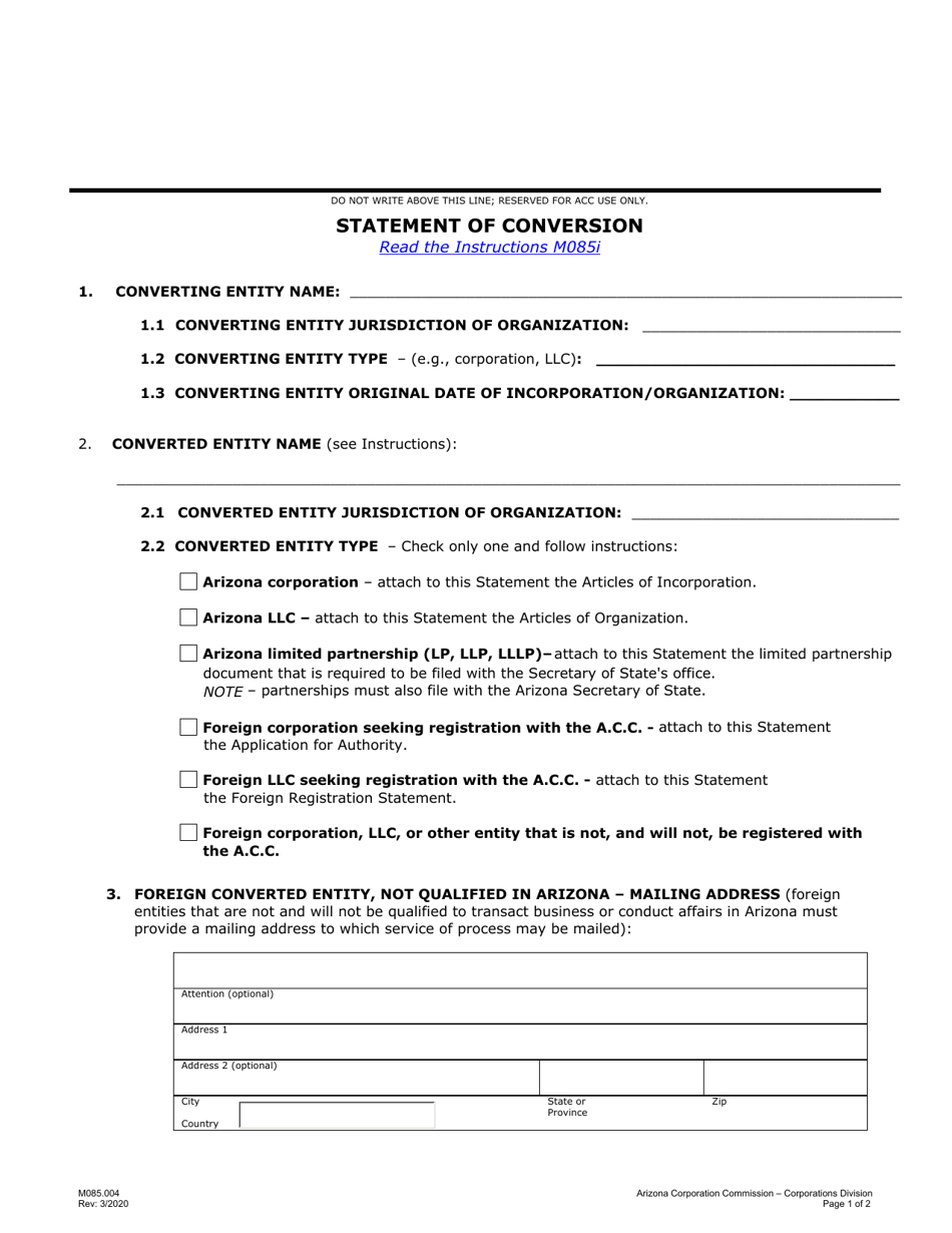 Form M085.004 Statement of Conversion - Arizona, Page 1