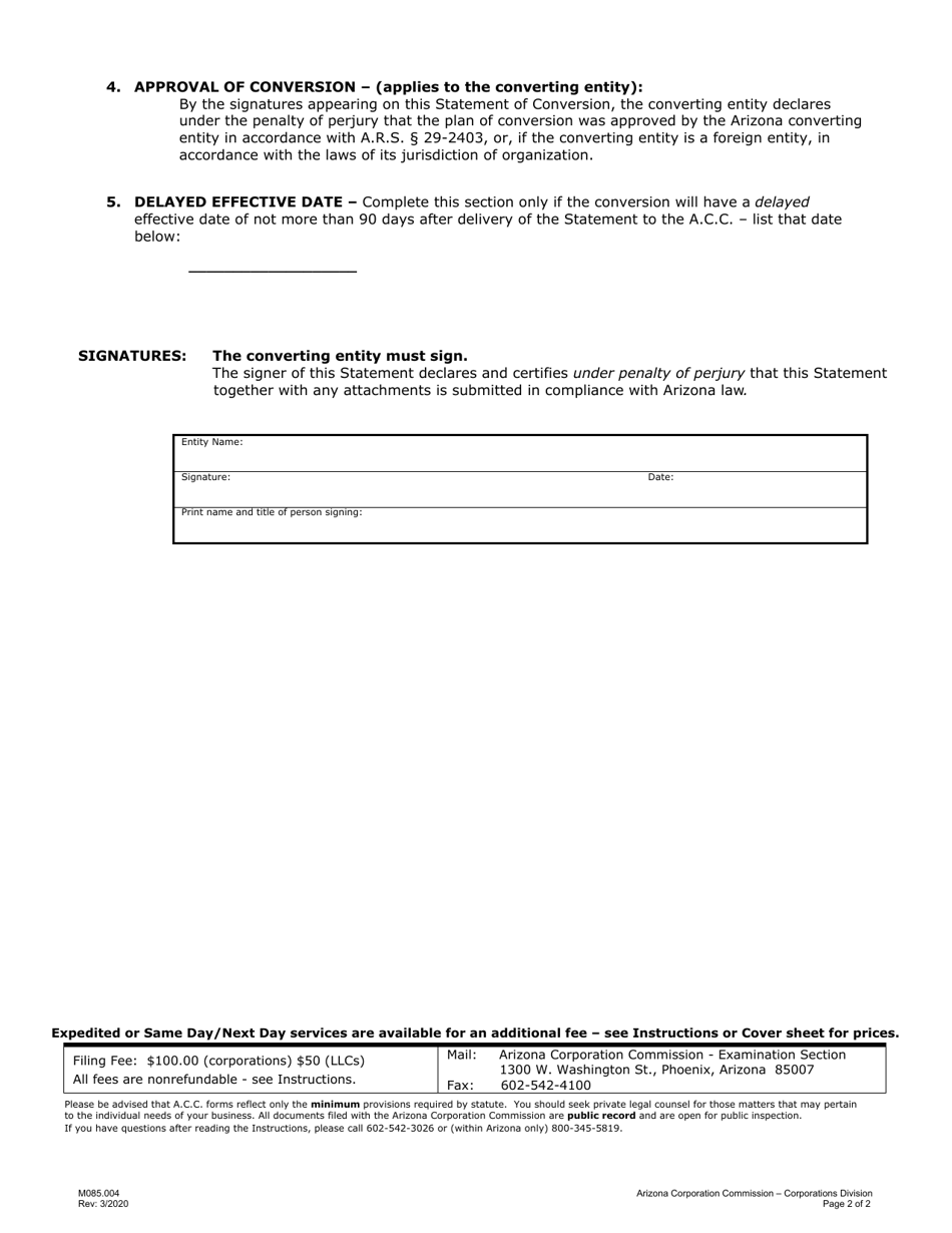 Form M085.004 Statement of Conversion - Arizona, Page 2