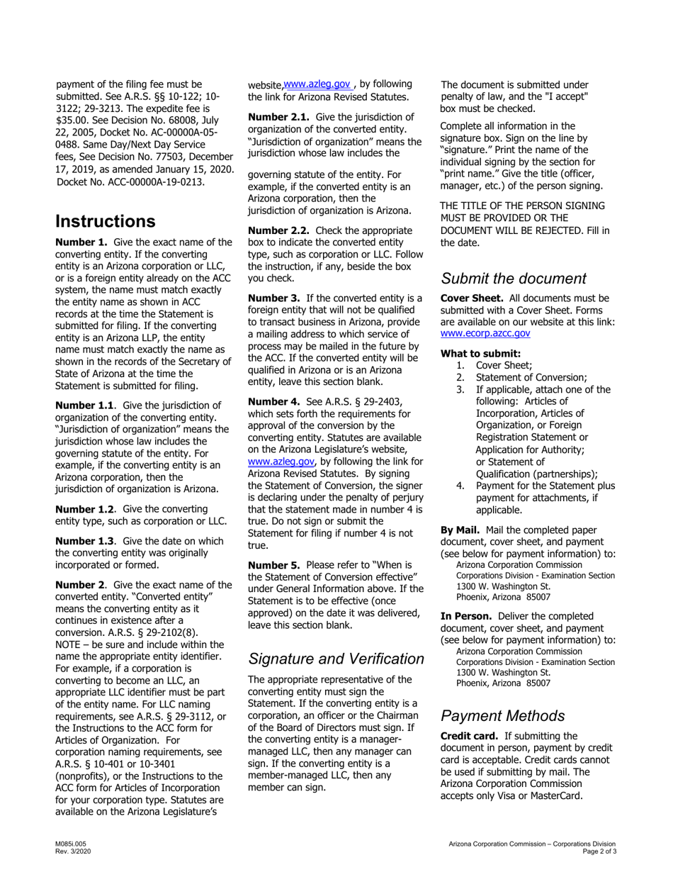 Instructions for Form M085.004 Statement of Conversion - Arizona, Page 2