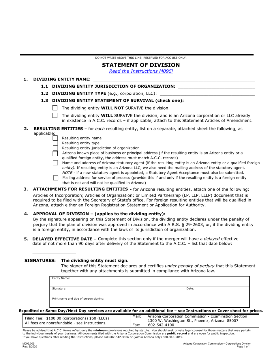 Form M095.005 Statement of Division - Arizona, Page 1