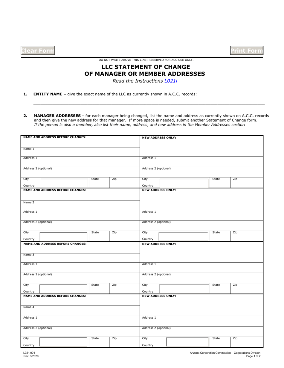 Form L021.004 LLC Statement of Change of Manager or Member Addresses - Arizona, Page 1