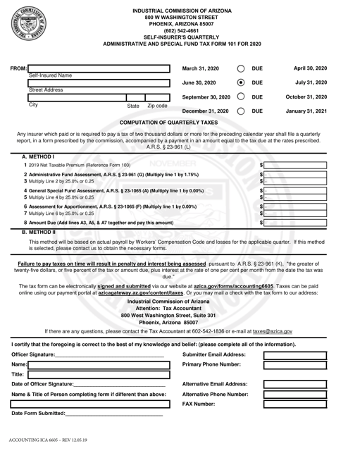 Form Accounting ICA6605 (101) Self-insured Employer - Quarterly Tax Form - Arizona, 2020