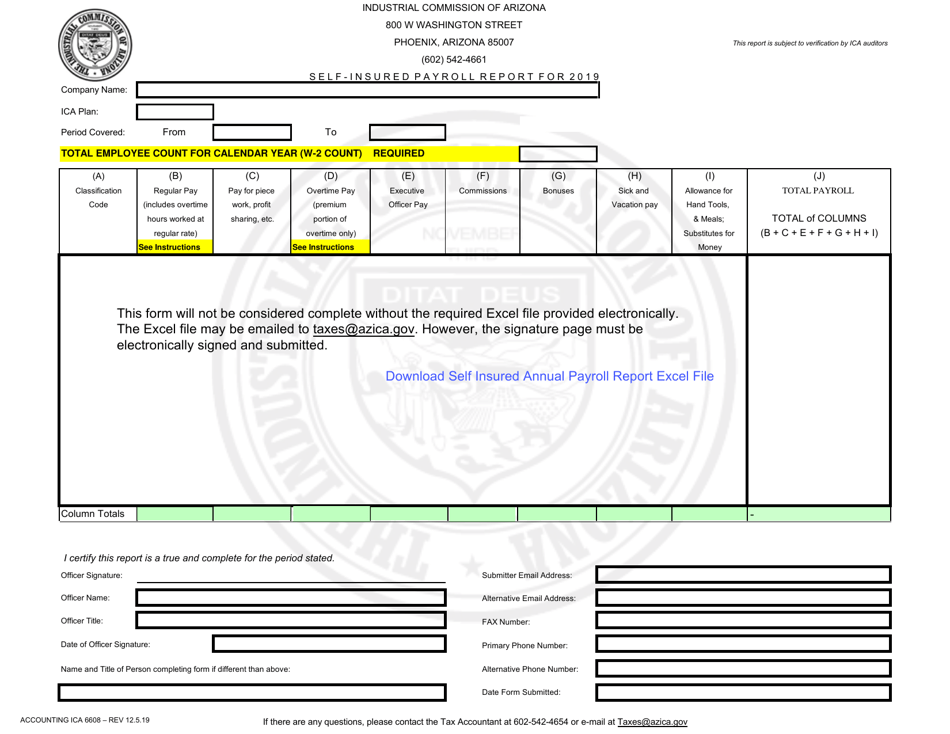 Form Accounting ICA6608 Self-insured Employer - Annual Payroll Report Form - Arizona, Page 1