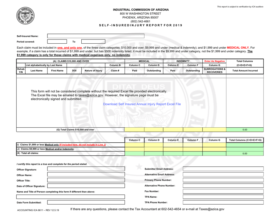 Form Accounting ICA6611 Self-insured Employer - Annual Injury Report Form - Arizona, Page 1