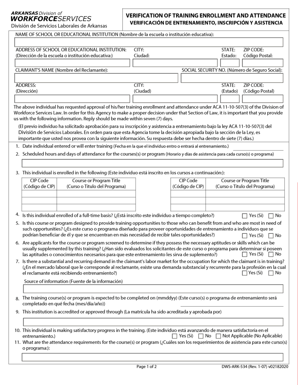 Form DWS-ARK-534 Verification of Training Enrollment and Attendance - Arkansas (English / Spanish), Page 1