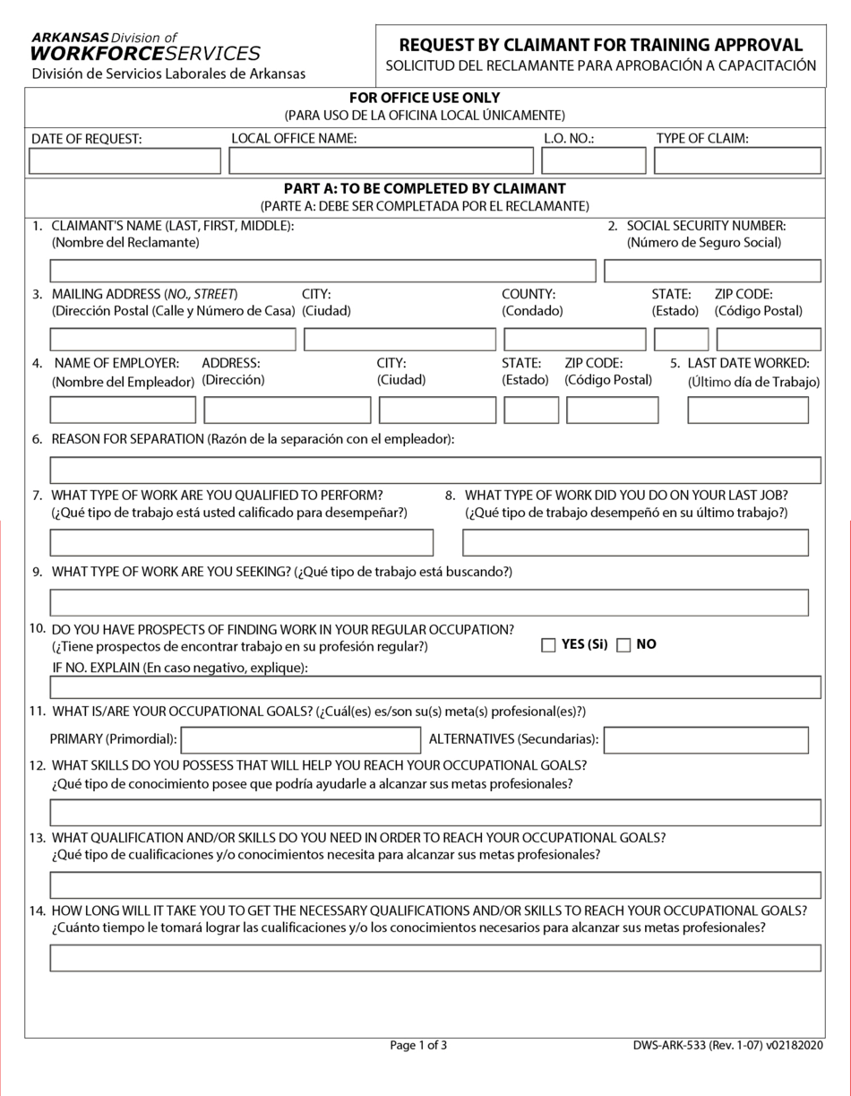 Form DWS-ARK-533 Request by Claimant for Training Approval - Arkansas (English / Spanish), Page 1