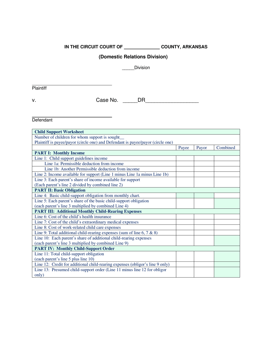 Arkansas Child Support Worksheet Download Printable PDF | Templateroller