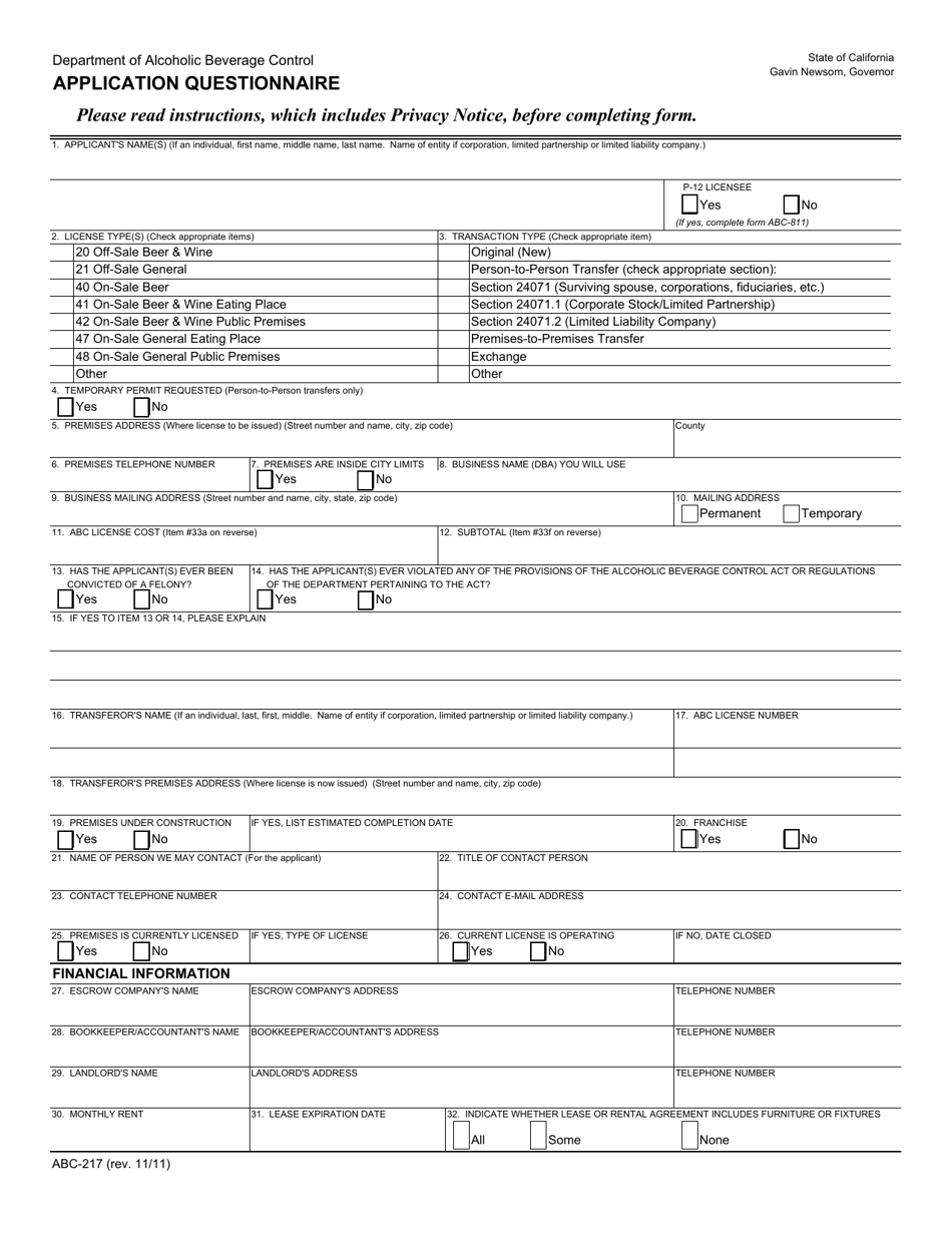 Form ABC-217 - Fill Out, Sign Online and Download Fillable PDF ...