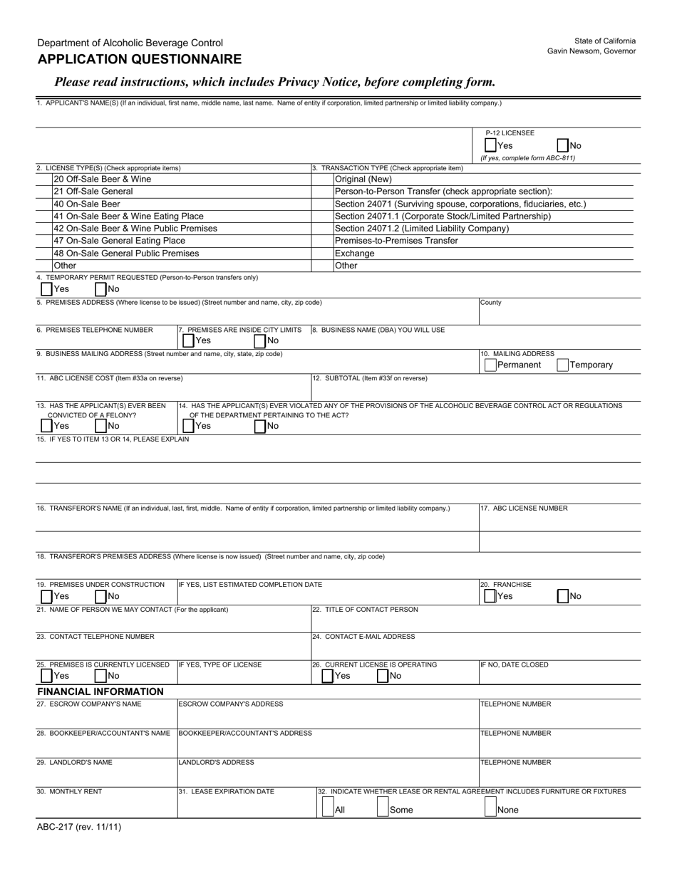 Form ABC-217 Application Questionnaire - California, Page 1