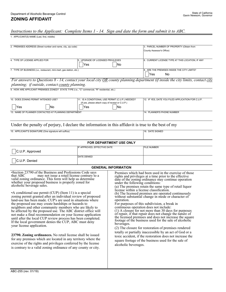 Form ABC-255 Zoning Affidavit - California, Page 1
