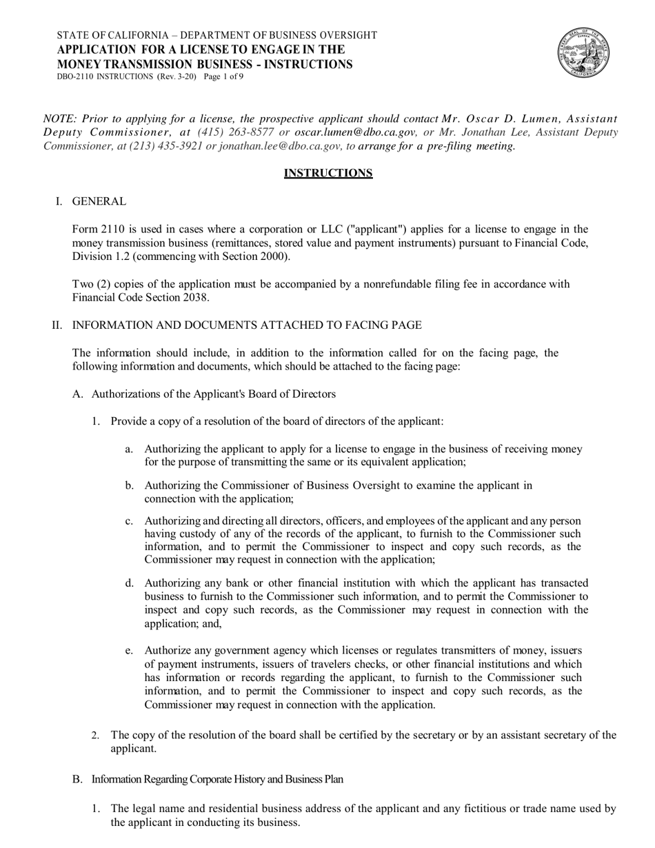 Instructions for Form DBO-2110 Application for a License to Engage in the Money Transmission Business - California, Page 1