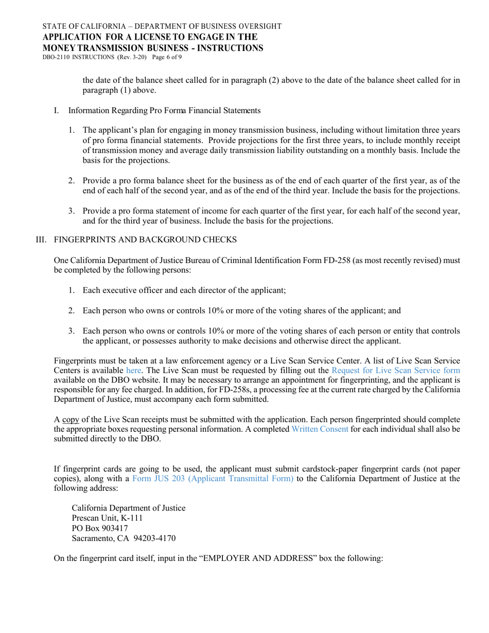 Instructions for Form DBO-2110 Application for a License to Engage in the Money Transmission Business - California, Page 6