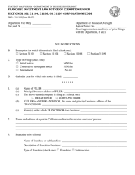 Form DBO310.101 Franchise Investment Law-Notice of Exemption Under Corporations Code Sections 31101, 31104, 31108 or 31109 Corporations Code - California