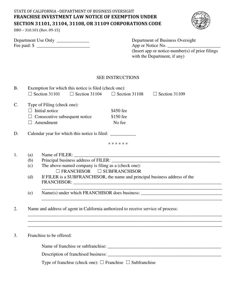 Form DBO310.101 Franchise Investment Law-Notice of Exemption Under Corporations Code Sections 31101, 31104, 31108 or 31109 Corporations Code - California, Page 1