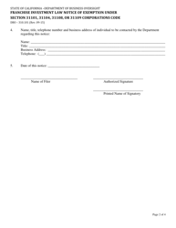Form DBO310.101 Franchise Investment Law-Notice of Exemption Under Corporations Code Sections 31101, 31104, 31108 or 31109 Corporations Code - California, Page 2