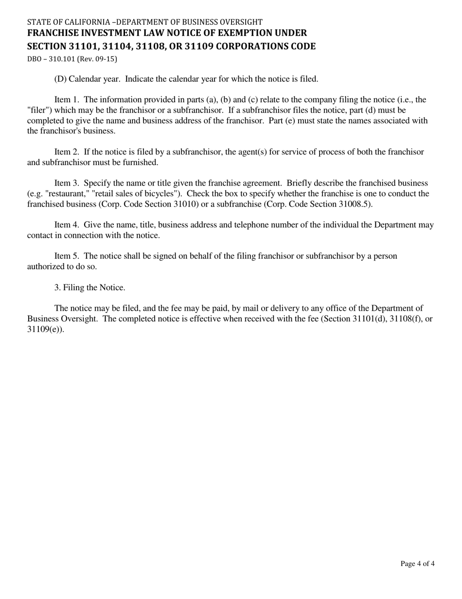Form DBO310.101 Franchise Investment Law-Notice of Exemption Under Corporations Code Sections 31101, 31104, 31108 or 31109 Corporations Code - California, Page 4