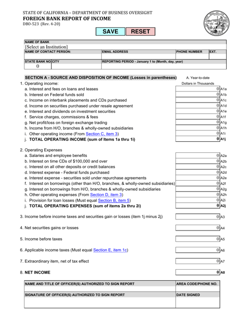 Form DBO-523 Foreign Bank Report of Income - California
