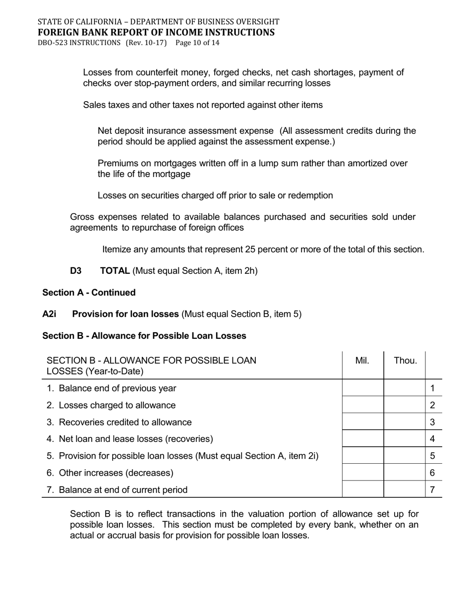 Instructions for Form DBO-523 Foreign Bank Report of Income - California, Page 10