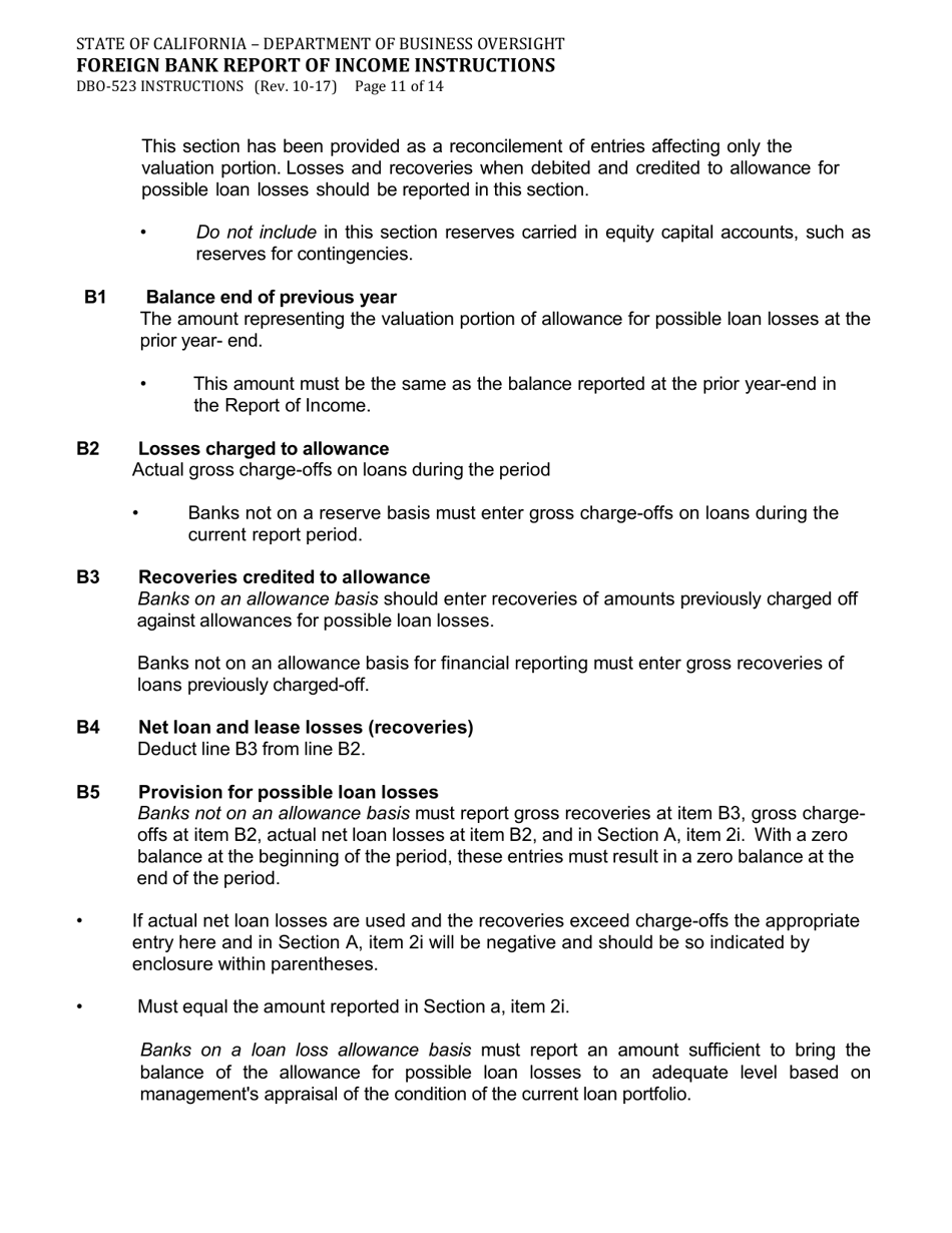 Instructions for Form DBO-523 Foreign Bank Report of Income - California, Page 11