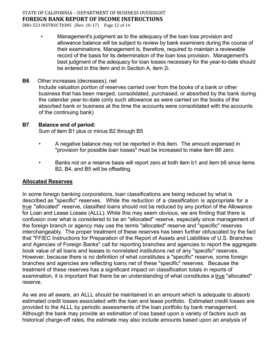 Instructions for Form DBO-523 Foreign Bank Report of Income - California, Page 12