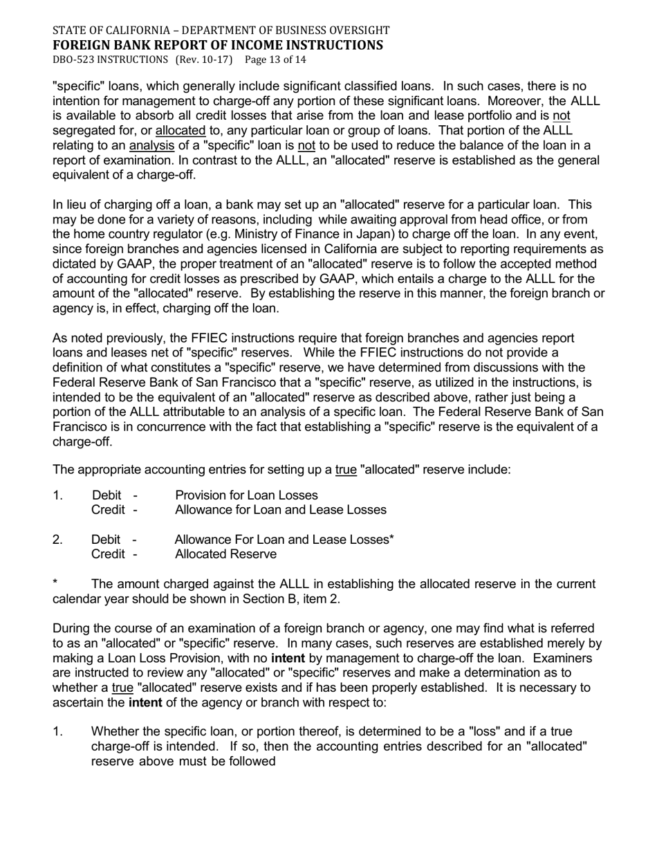 Instructions for Form DBO-523 Foreign Bank Report of Income - California, Page 13