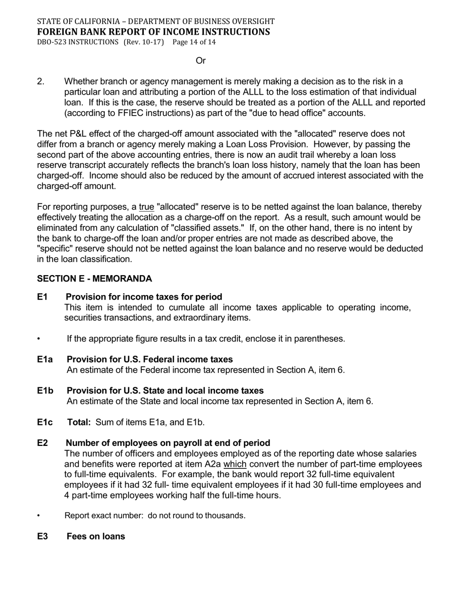 Instructions for Form DBO-523 Foreign Bank Report of Income - California, Page 14