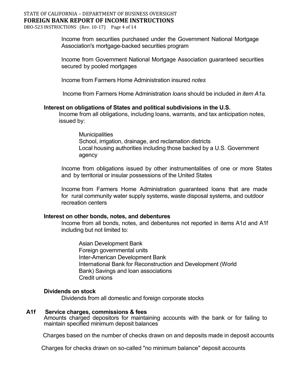 Instructions for Form DBO-523 Foreign Bank Report of Income - California, Page 4