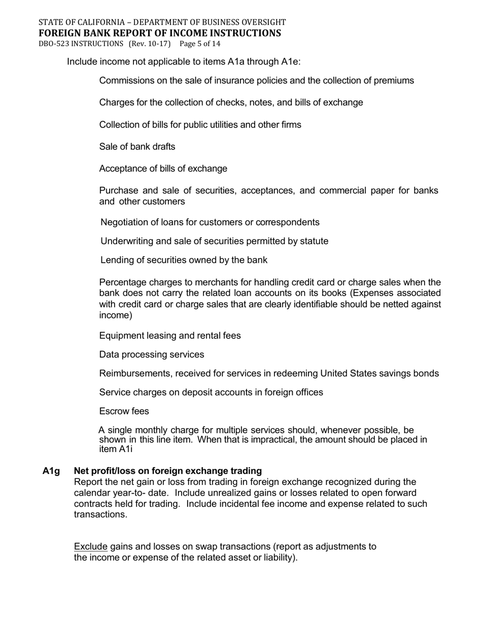 Instructions for Form DBO-523 Foreign Bank Report of Income - California, Page 5