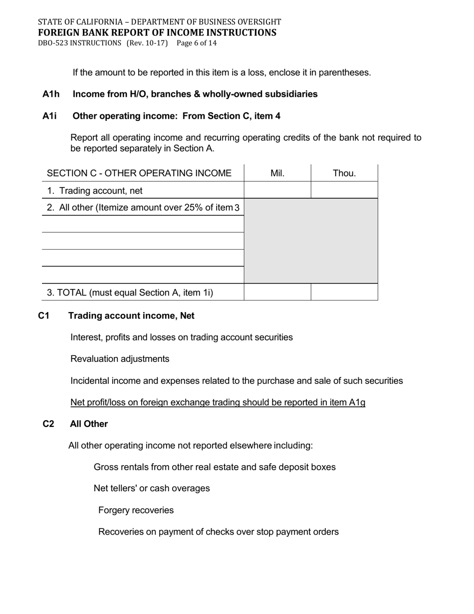 Instructions for Form DBO-523 Foreign Bank Report of Income - California, Page 6