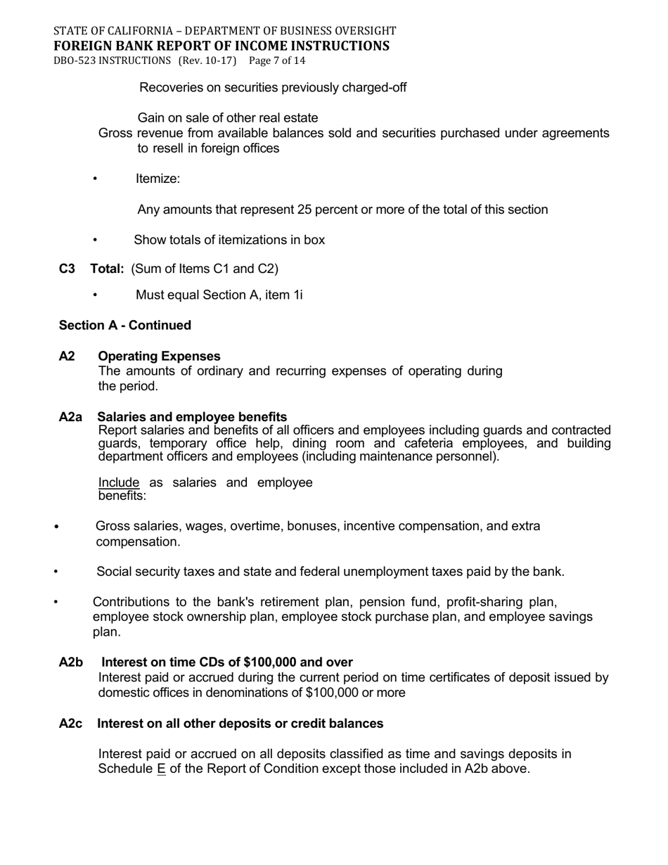Instructions for Form DBO-523 Foreign Bank Report of Income - California, Page 7