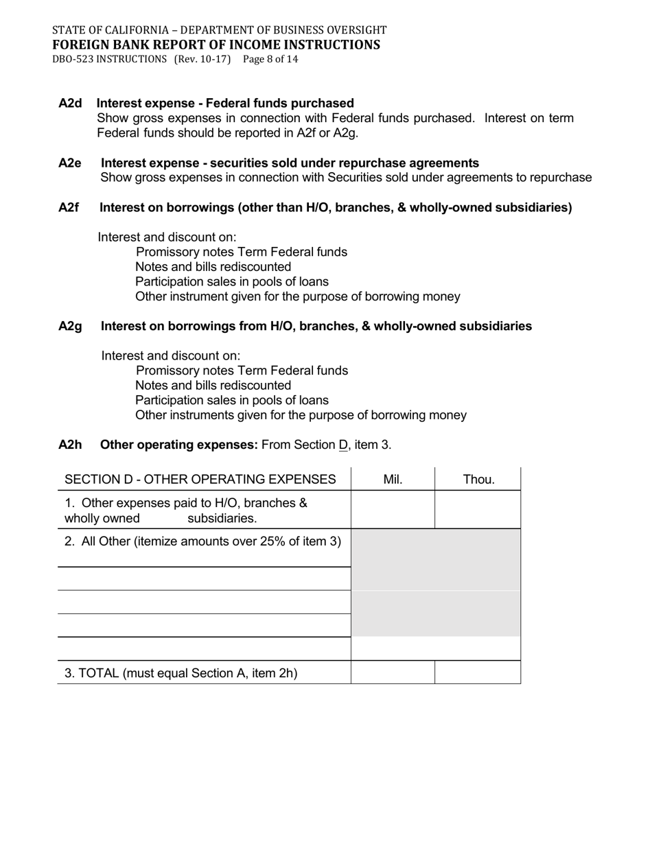 Instructions for Form DBO-523 Foreign Bank Report of Income - California, Page 8