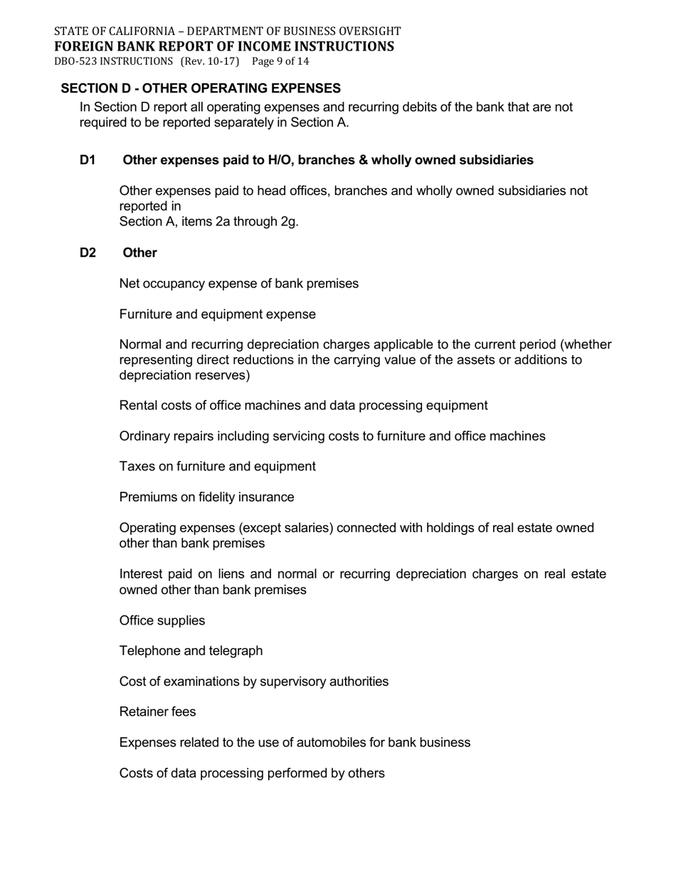 Instructions for Form DBO-523 Foreign Bank Report of Income - California, Page 9
