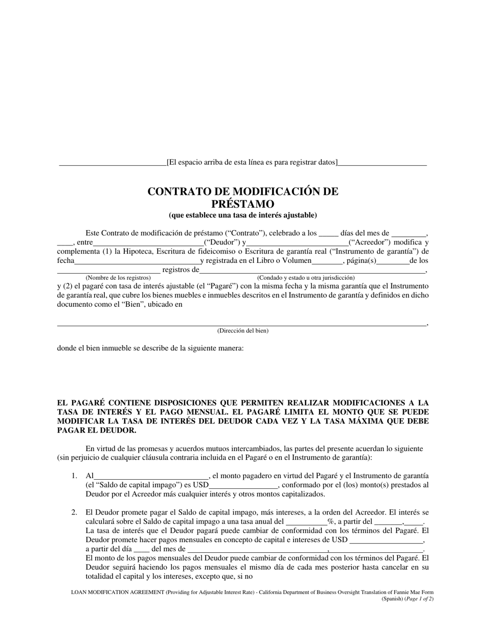 Contrato De Modificacion De Prestamo - California (Spanish), Page 1