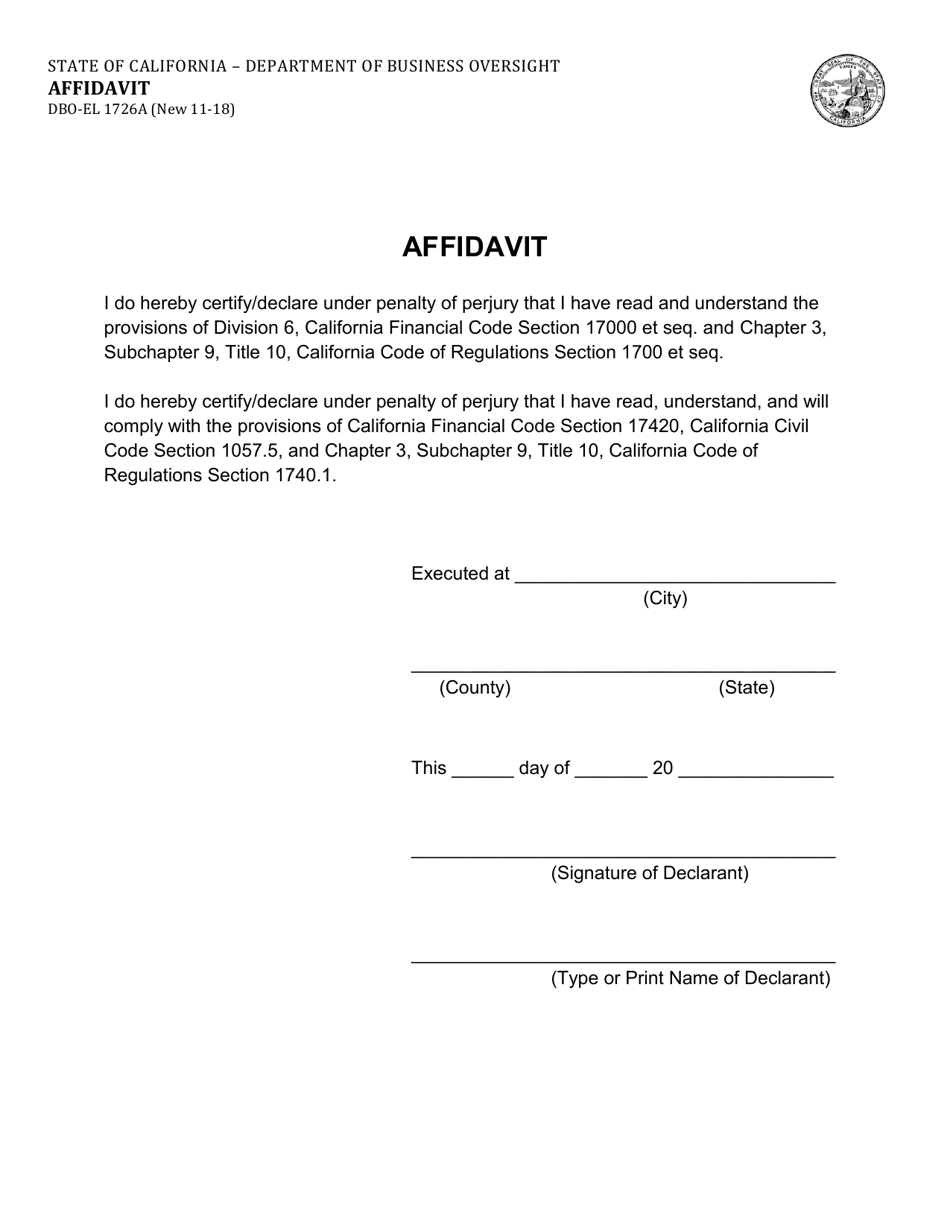 Form DBO-EL1726A Affidavit - California, Page 1