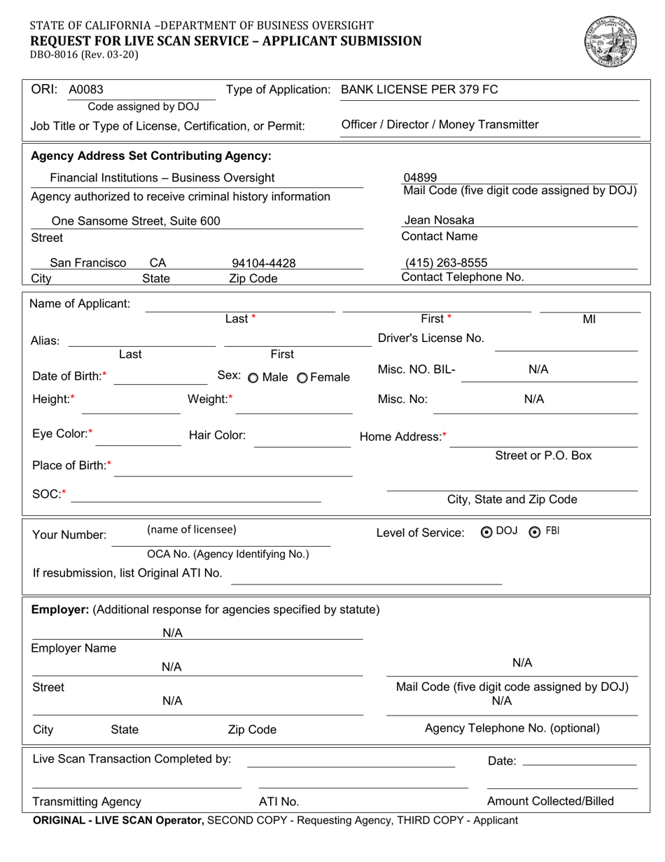 Form DBO-8016 Request for Live Scan Service - Applicant Submission - California, Page 1