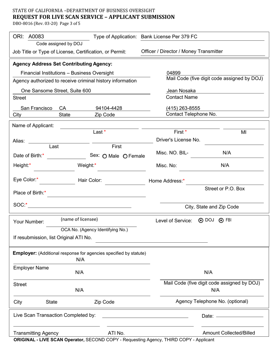 Form DBO-8016 Request for Live Scan Service - Applicant Submission - California, Page 3