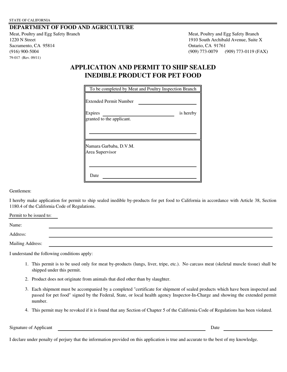 Form 79-017 Application and Permit to Ship Sealed Inedible Product for Pet Food - California, Page 1