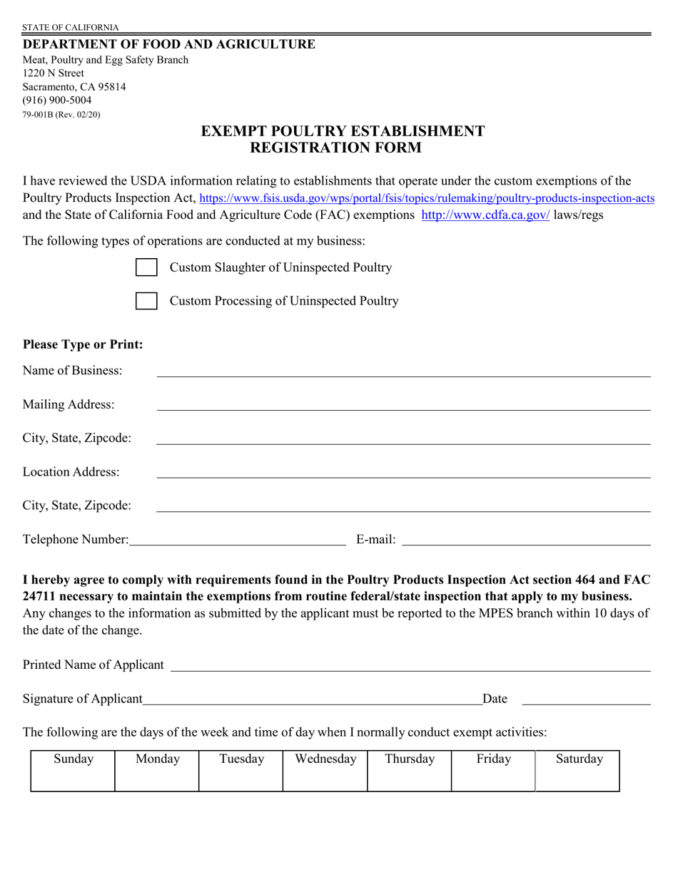 Form 79-001B Exempt Poultry Establishment Registration Form - California, Page 1