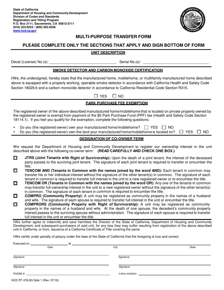 Form HCD RT476.6G Multi-Purpose Transfer Form - California, Page 1