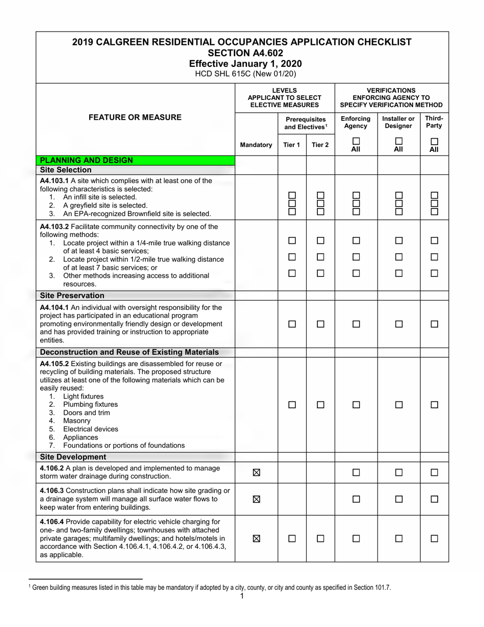 Form HCD SHL615C Residential Occupancies Application Checklist - California, Page 1