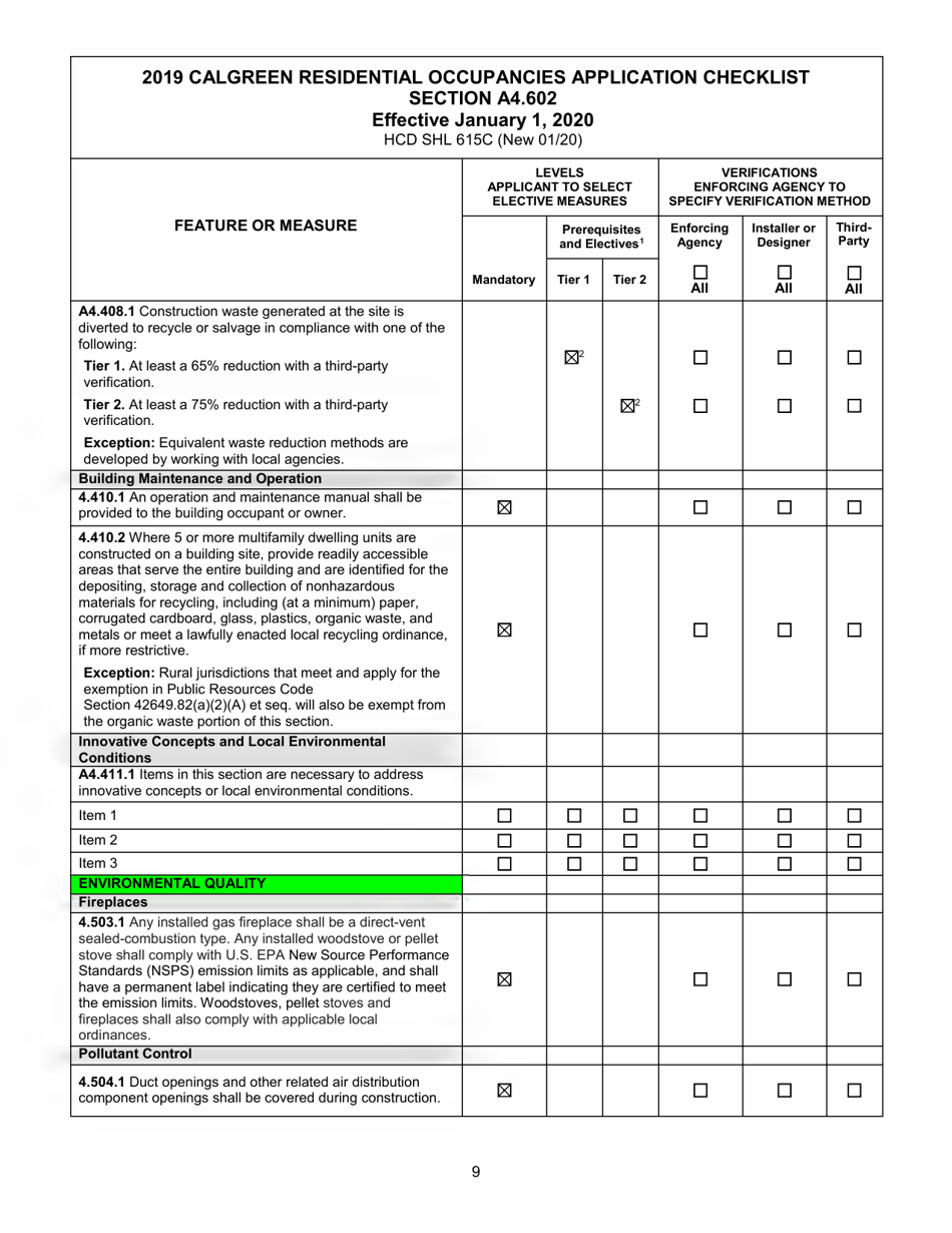 Form HCD SHL615C Residential Occupancies Application Checklist - California, Page 9