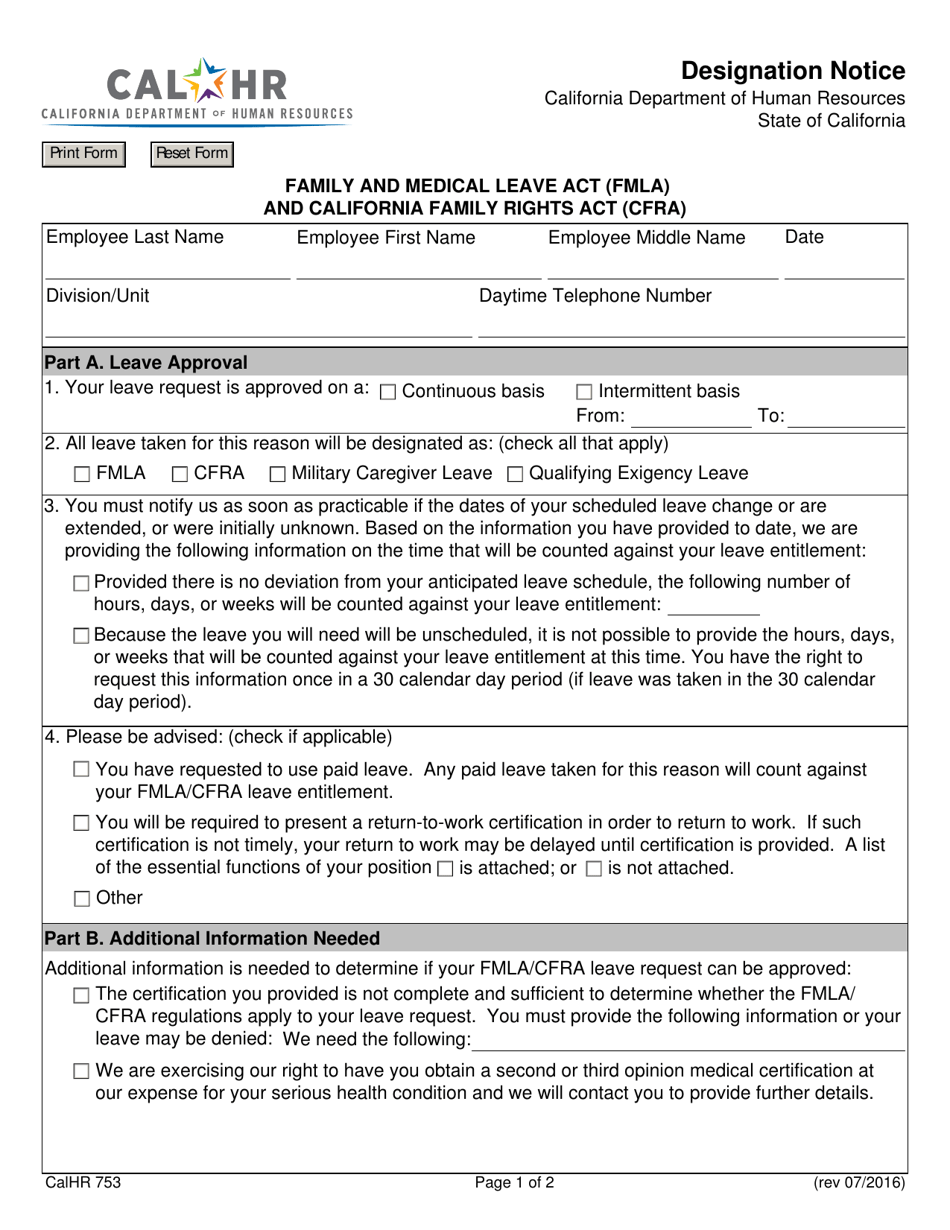 Form CALHR753 Designation Notice - California, Page 1