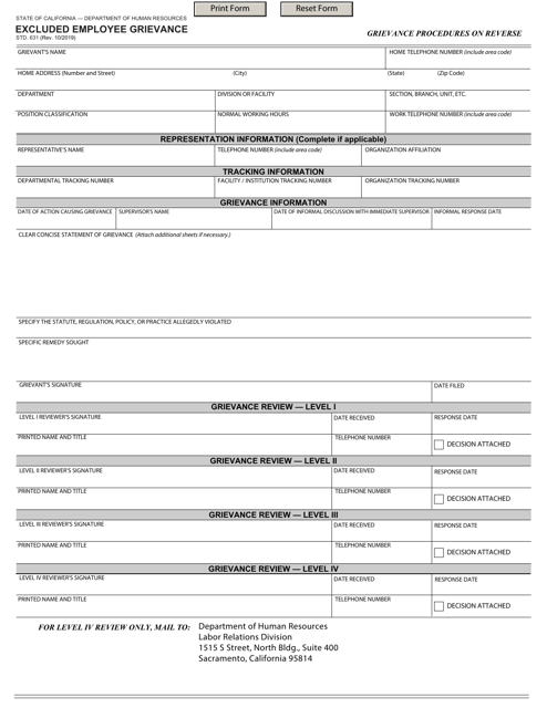 Form STD.631 Excluded Employee Grievance - California