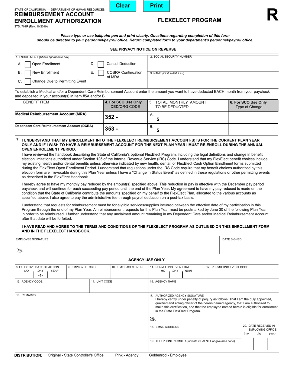 Form STD.701R Reimbursement Account Enrollment Authorization - California, Page 1