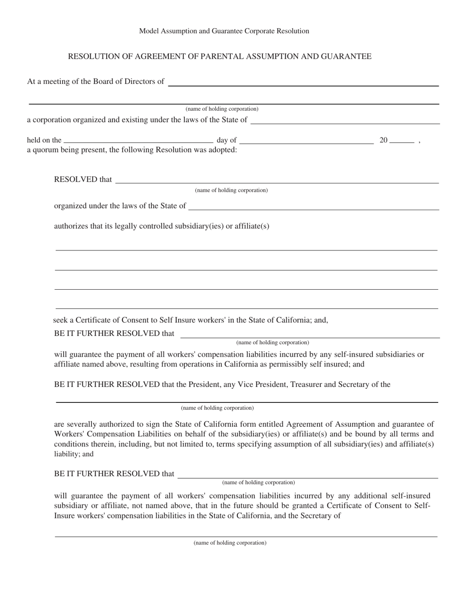 Resolution of Agreement of Parental Assumption and Guarantee - California, Page 1