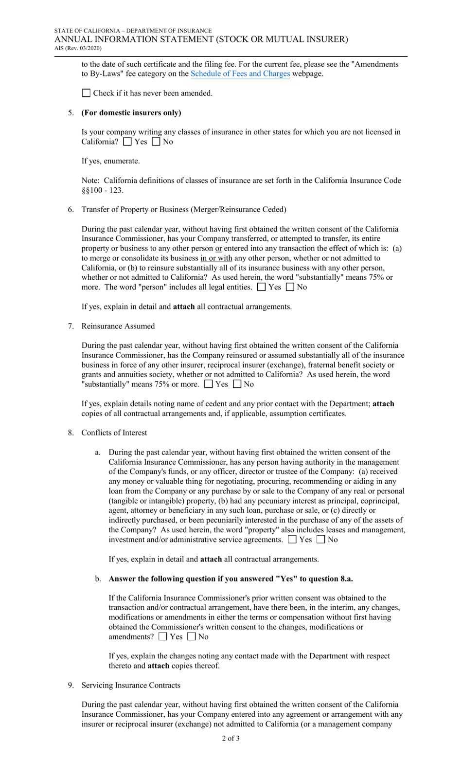 Form AIS Annual Information Statement (Stock or Mutual Insurer) - California, Page 2