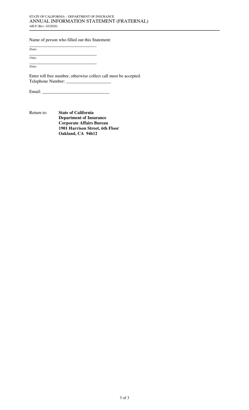 Form AIS-F Annual Information Statement (Fraternal) - California, Page 3