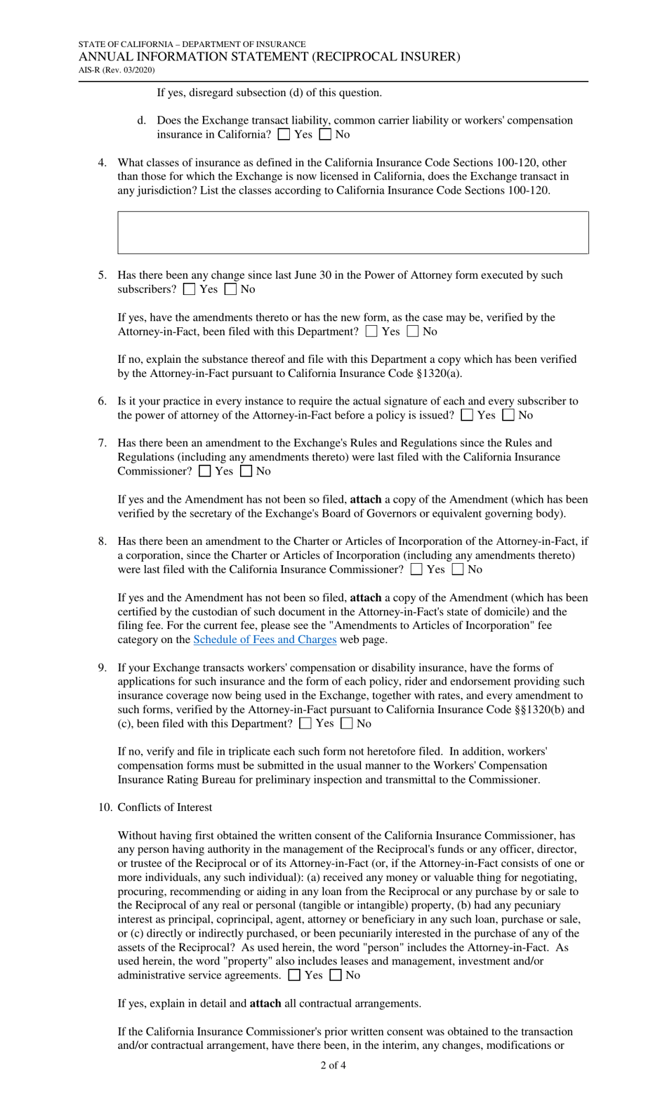Form AIS-R Annual Information Statement (Reciprocal Insurer) - California, Page 2